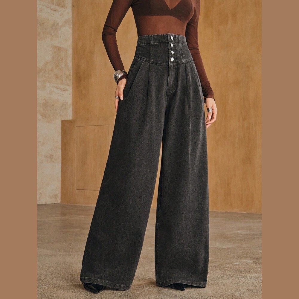 Washed Black High Waist Button Fly Pleated Wide Leg Denim Jeans